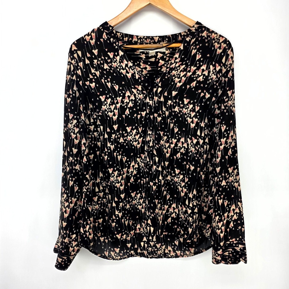 LC Lauren Conrad Blouse Womens Large Black Heart Floral Print V-Neck Long Sleeve